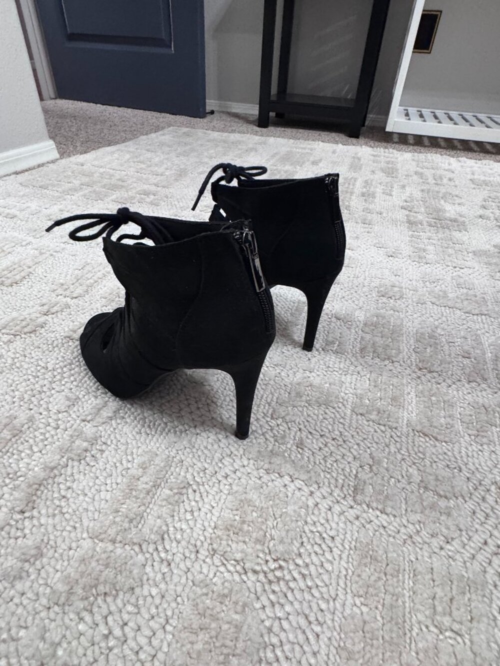 Black suede lace up bootie heels
